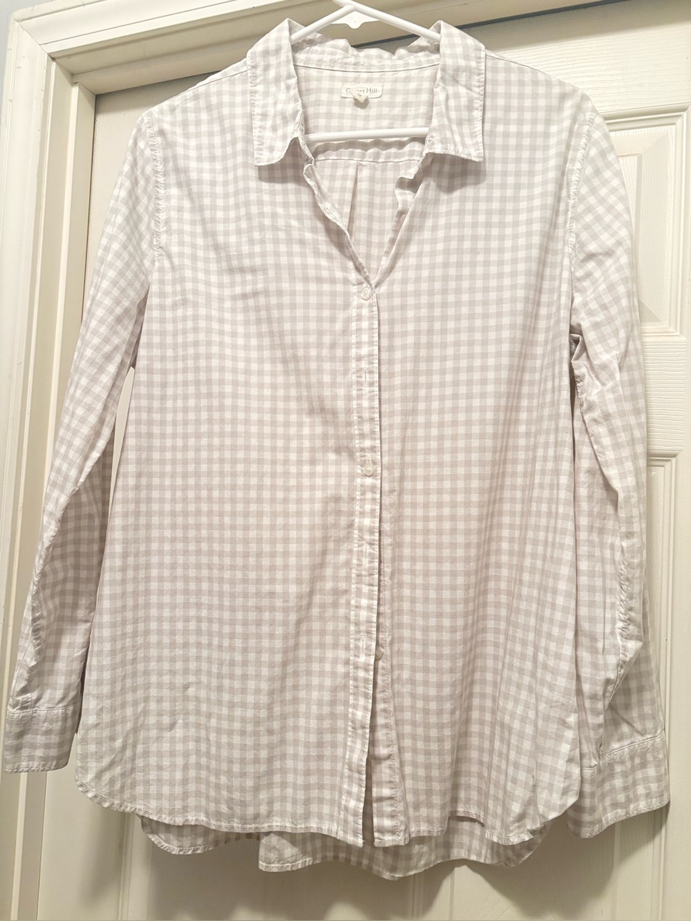 GARNET HILL Organic Pima Cotton BUTTON FRONT TAN CHECKED COTTON BLOUSE 14- EUC